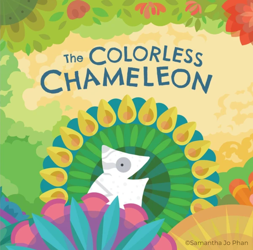 illustration of Cover art for a children's book story published by Weeva Kids.
illustration, kidlitart, childrensbooks, publishing, books, writing, reading, children, color, jungle, animals, quirky, whimsical, graphic, toys, children products, patterns, fauna, floral, flowers, plants, chameleon, coverart, nature, garden