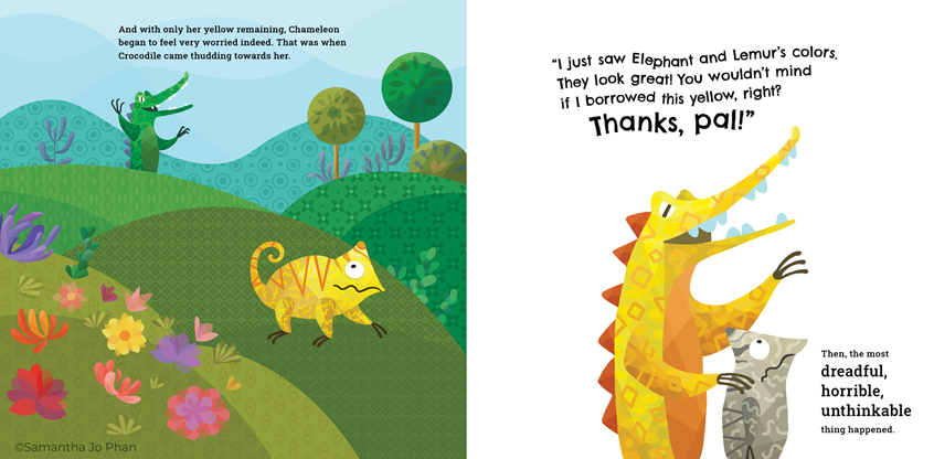 illustration of Interior art for a children's book story published by Weeva Kids.
illustration, kidlitart, childrensbooks, publishing, books, writing, reading, children, color, jungle, animals, quirky, whimsical, graphic, toys, children products, patterns, fauna, floral, flowers, plants, chameleon, education, nature, garden, pattern, pattern design, wildlife, chameleon, hippo, lemur, flamingo, snake, monkey, elephant, crocodile, ostrich, tree