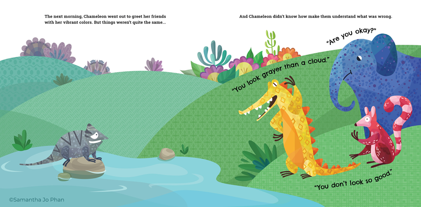 illustration of Interior art for a children's book story published by Weeva Kids.
illustration, kidlitart, childrensbooks, publishing, books, writing, reading, children, color, jungle, animals, quirky, whimsical, graphic, toys, children products, patterns, fauna, floral, flowers, plants, chameleon, education, nature, garden, pattern, pattern design, wildlife, chameleon, hippo, lemur, flamingo, snake, monkey, elephant, crocodile, ostrich, tree
