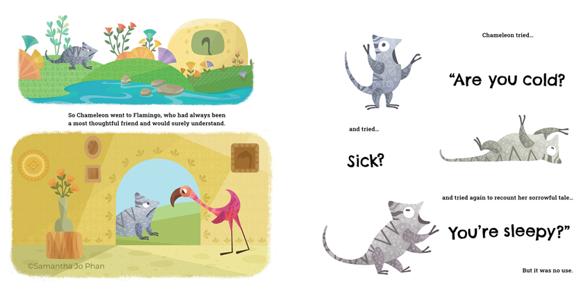illustration of Interior art for a children's book story published by Weeva Kids.
illustration, kidlitart, childrensbooks, publishing, books, writing, reading, children, color, jungle, animals, quirky, whimsical, graphic, toys, children products, patterns, fauna, floral, flowers, plants, chameleon, education, nature, garden, pattern, pattern design, wildlife, chameleon, hippo, lemur, flamingo, snake, monkey, elephant, crocodile, ostrich, tree