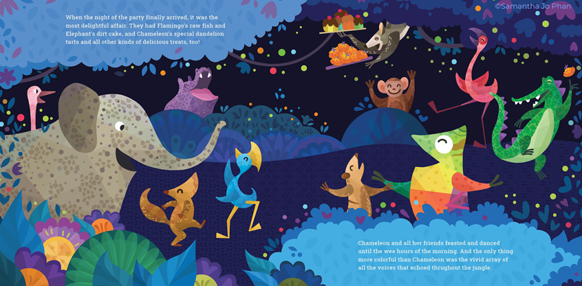 illustration of Interior art for a children's book story published by Weeva Kids.
illustration, kidlitart, childrensbooks, publishing, books, writing, reading, children, color, jungle, animals, quirky, whimsical, graphic, toys, children products, patterns, fauna, floral, flowers, plants, chameleon, education, nature, garden, pattern, pattern design, wildlife, chameleon, hippo, lemur, flamingo, snake, monkey, elephant, crocodile, ostrich, tree, fenec fox, egret, meerkat, party, night, animal party,
