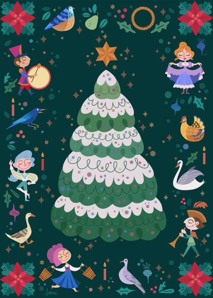 illustration of Promotional Holiday Art
Christmas, Santa, Santa Clause, shepherd, llama, sheep, night, holy night, star, shooting star, silent night, peace, pattern, colorful, bright, folk, folklore, starry, stars, greeting card, Christmas Carol, 12 Days of Christmas, Dancing, Birds, Swan, Hen, Goose, Children, Ornaments, Christmas Tree, Tree, Snow, Baubles, Lights