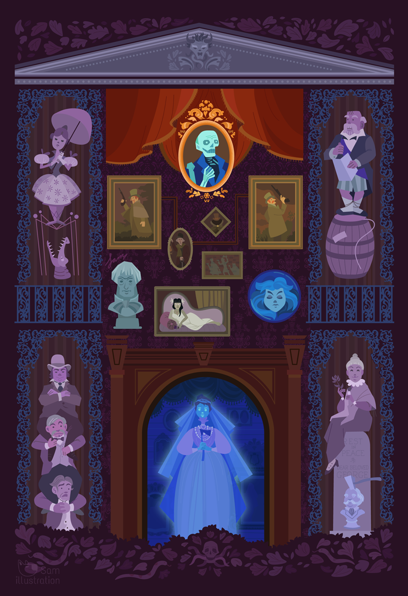 illustration of Haunted Mansion, mansion, Disneyland, Disney world, ghost, spirit, seance, mansion, bride, black widow, mystery, halloween, curse, skeleton, death, manor, Disney, Disney ride, crystal ball, portrait, whimsical, bright, fun, poster, packaging, children's books, picture book, book cover, cover