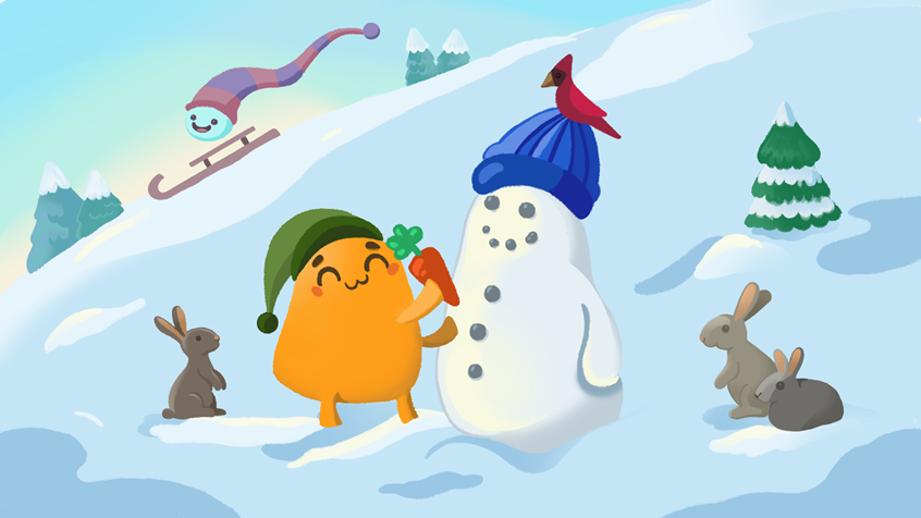 illustration of illustration, kidlitart, childrensbooks, publishing, school, education, learning, children, alien, color, quirky, whimsical, graphic, children products, snow, sled, snowman, cardinal, bird, rabbit, bunny, forest, pine tree