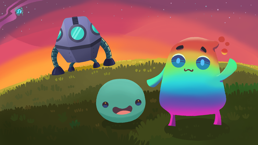 illustration of illustration, kidlitart, childrensbooks, publishing, school, education, learning, children, alien, color, quirky, whimsical, graphic, children products, night, shooting star, stars, goodbye, space, spaceship, UFO, sunset, dusk