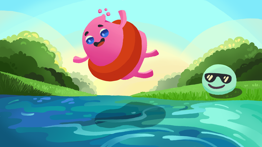 illustration of illustration, kidlitart, childrensbooks, publishing, school, education, learning, children, alien, color, quirky, whimsical, graphic, children products, summer, lake, pool, swim, splash, float, sunglass, fun, sunbathing, tanning