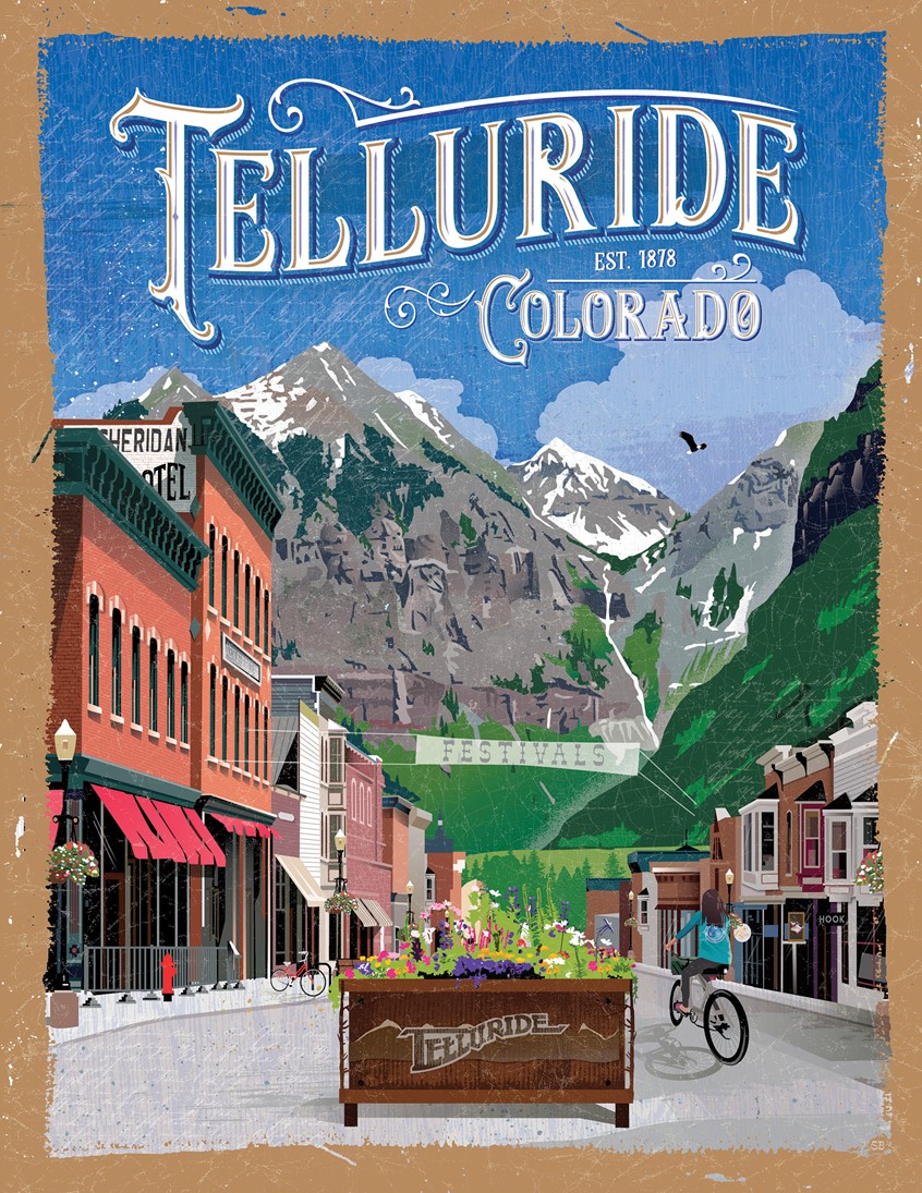 illustration of Poster Design for several galleries and shops that sell my work in beautiful Downtown Telluride! Modern/Vintage poster showing Telluride’s box canyon in Southwest Colorado, with its historic downtown buildings and mountain vistas! Summer Festival Season. Mountain Vista. Flowers. Vintage Poster Style. Bicycle. Historic Buildings. Modern/Vintage Poster. Poster. Colorado. Mountains. Landscape. Texture. Vector. Layered.