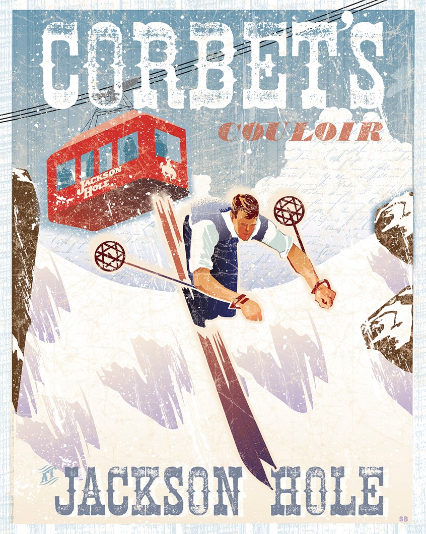 illustration of Corbet’s Couloir in Jackson Hole Wyoming ski poster. Modern Vintage Magazine cover for JHStyle magazine. Sold in several shops and galleries in Jackson Hole Ski Resort. Vintage Ski Graphic. Vintage Tram. Vintage Skier. Skiing. Jackson Hole Wyoming. Texture. Vector. Layered. Iconic Ski Run. Downhill Skiing.