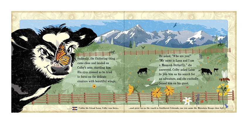 illustration of Children’s Book Illustration of a Calf growing up on a Colorado Ranch in the San Juan Mountains. All vector illustrations created in layers in Adobe Illustrator. Sketches were done on the ranch and then scanned as templates and built in Adobe Illustrator. A beautiful ranch in Southwest Colorado, Centennial Ranch along the Uncompahgre River. Children's Book. Cow Illustrations. Mountains. Mountain Children’s Book. Wildlife. Mountain Wildlife.