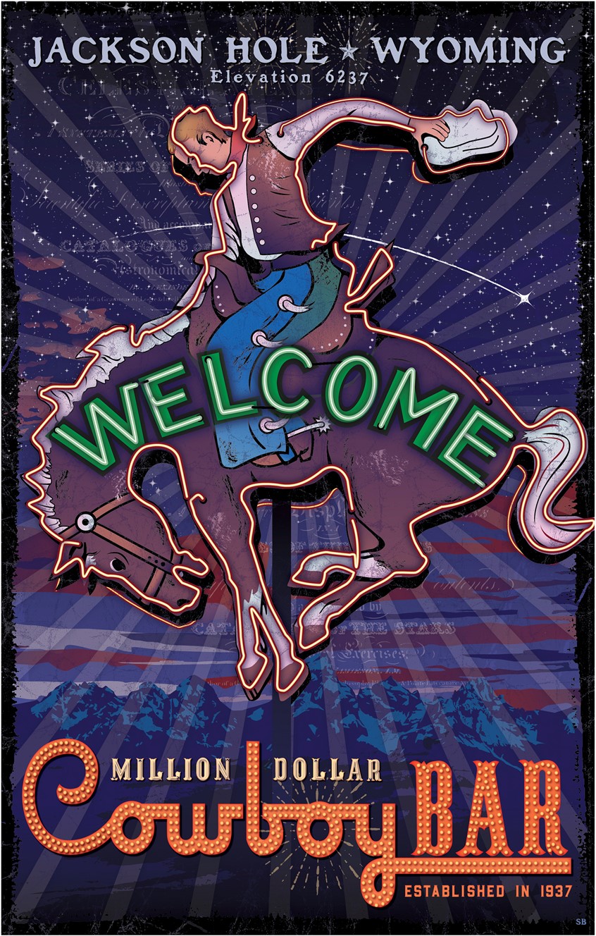 illustration of The iconic Million Dollar Cowboy Bar in Jackson Hole. Neon sign spins in downtown Jackson Hole under the Teton Mountain Range. Spot illustration in JH Style magazine and sold as poster prints in several Jackson Hole shops and galleries. #Jackson Hole, #Tetons, Mountains. Landscape. Texture. Vector. Layered.