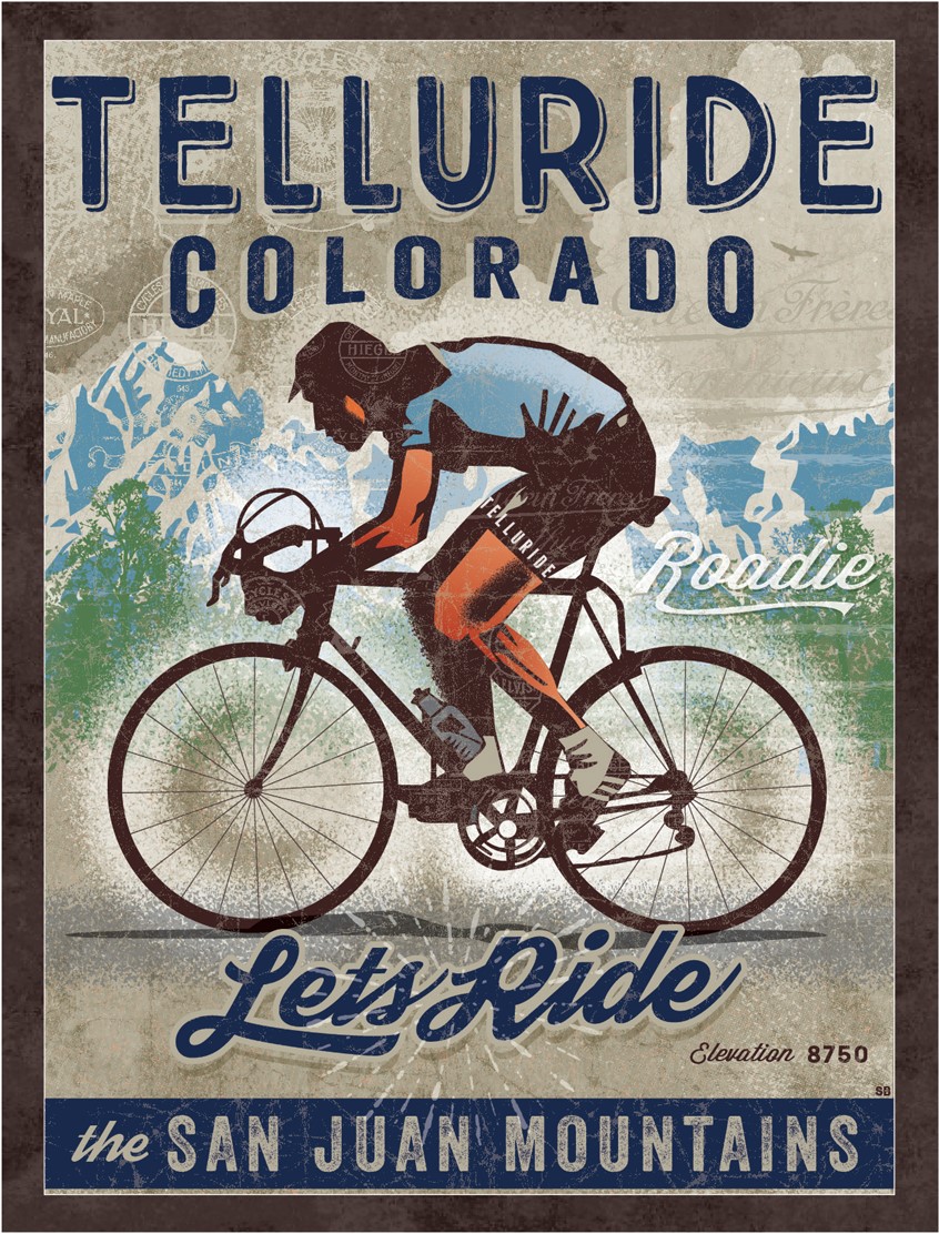 illustration of Telluride Modern/Vintage Cycling Poster. Poster for Resale in many shops and galleries in Telluride Colorado. Vintage Cycling Poster. Cycling. Mountains. Colorado. Mountains. Landscape. Texture. Vector. Layered.