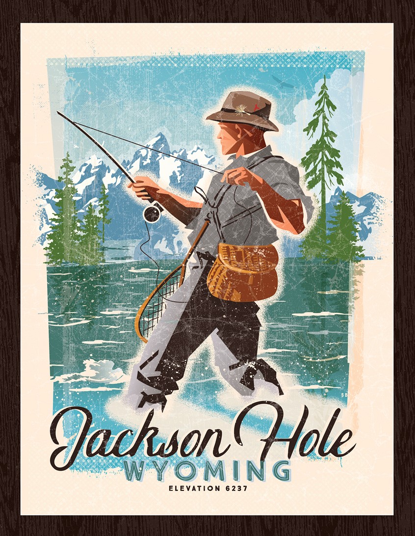 illustration of Fly Fishing Vintage Poster design for Jackson Hole Wyoming. Limited Edition prints sold in many shops and galleries in Jackson Hole, Wyoming.
Mountains. Modern/Vintage. Fly Fishing, Vintage. Vector. Layered. Adobe Illustrator.