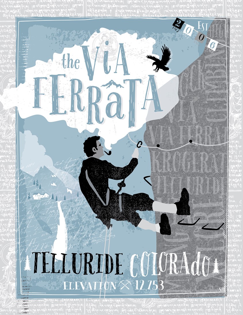 illustration of Poster, T-shirt design featuring the Via Ferrata in Telluride. This summer time adventure favorite features over 250 foot cliffs and spectacular views of the Town of Telluride and Bridal Veil Falls. A European cable route that makes this highly technical rock climb easy for beginners! Mountain Climbing. Vintage. WaterFalls. Hand Drawn Type. Telluride. Colorado. Rock Climbing. Eagle. Vintage Color Pallet.