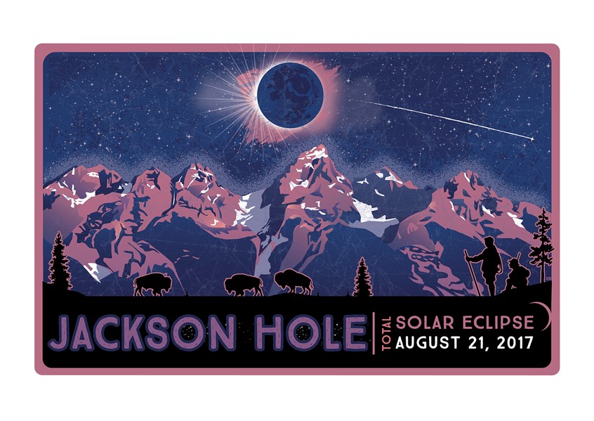 illustration of Jackson Hole Total Solar Eclipse Limited Edition Poster and T-Shirt Design. Poster and T-Shirts sold in several shops and galleries in Jackson Hole, Wyoming. Tetons. Grand Teton National Park. Night Sky. Eclipse. Solar Eclipse. Mountains. Wildlife.