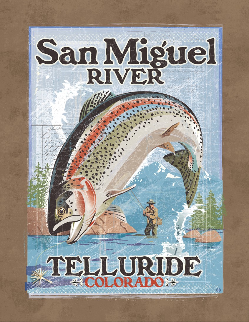 illustration of Vintage Fly Fishing Fly Fishing Poster! Personal Work done for several shops and galleries in Telluride Colorado. Rainbow Trout. Mountains. Fishing. Fly Fishing. Vintage. Modern.