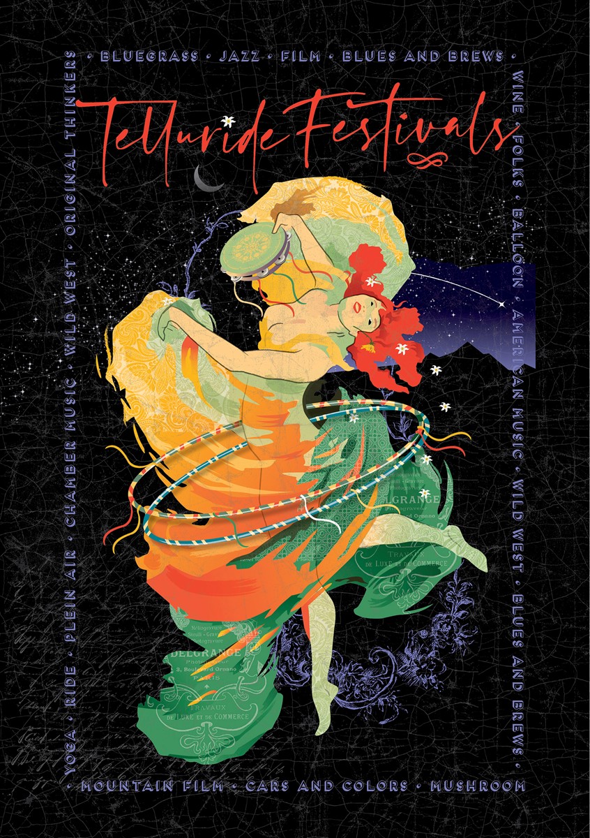 illustration of Vintage/Modern Telluride Colorado Girl Poster. Poster celebrating the festival season in Telluride. Inspired by vintage festive deco posters of 1920. Dancing festival girl. Painterly Deco Girl. Decorative Poster. Vintage/Modern. Nightime Sky. Dancing. Dress. Nude.