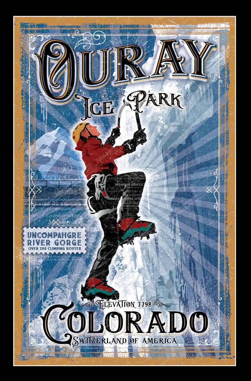 illustration of Ouray Ice Climbing Poster featuring the Uncompahgre Gorge Ice Park in Ouray Colorado!
Limited Edition poster prints for sale in several retail locations and @ www.stevenbeutlerdesign.com