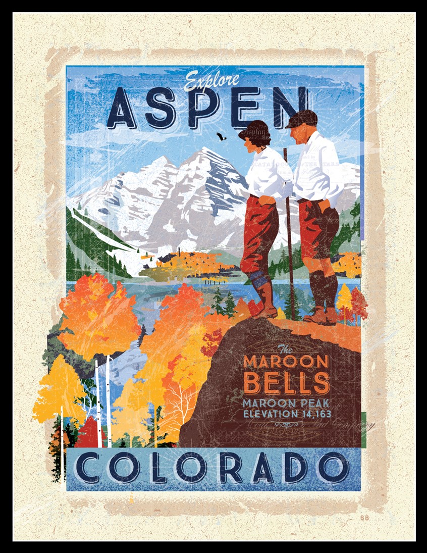 illustration of Modern/Vintage poster prints of Fall Colors in Aspen featuring the iconic Maroon Lake viewpoint! Limited Edition poster prints for sale in several shops and galleries!
Hiking. Poster. Aspen. Colorado.