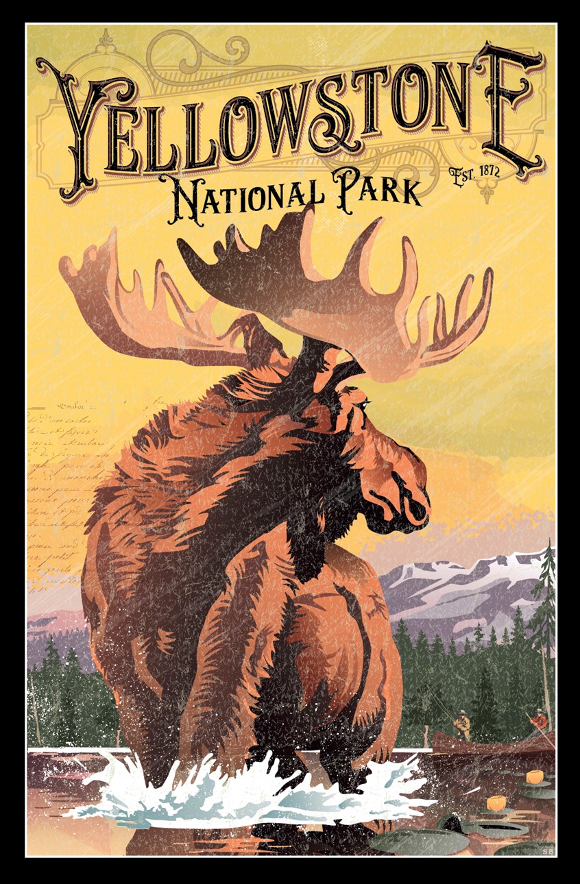 illustration of Yellowstone National Park Moose limited edition poster prints! Prints for sale in Jackson Hole shops and galleries! Featured in Jackson Hole Style magazine. Vintage. Modern. Moose. National Park Poster