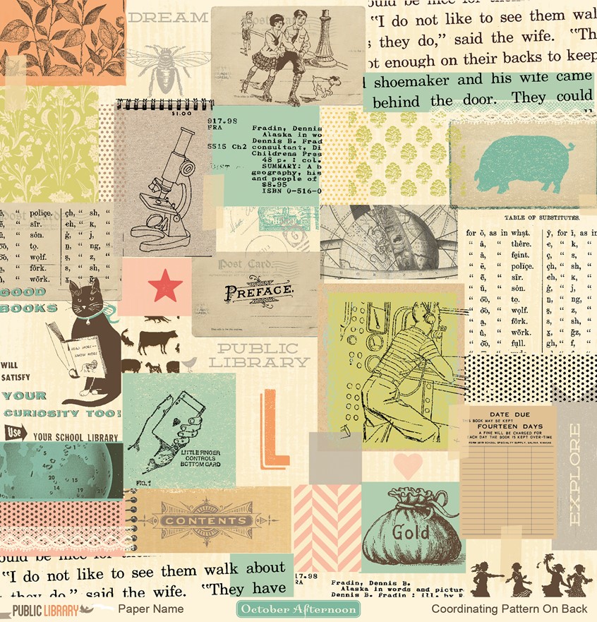 illustration of Paper Collage design for resale in the Arts and Crafts Industry. Found vintage ephemera and hand drawn collage images come together to tell the story of the vintage library. Part of the paper collection Public Library from October Afternoon.
Art for Artist!