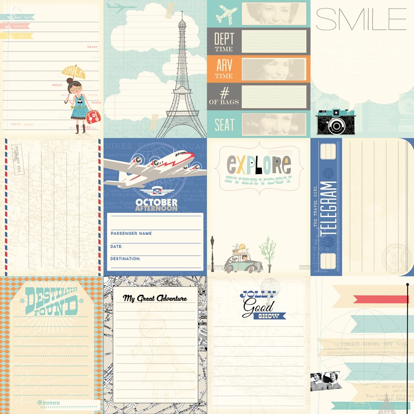illustration of Modern/Vintage Travel Girl Journal Cards designed to work with Travel Girl pattern paper collection for the Art and Craft Industry. Scrapbooking, Journaling with a vintage/retro vibe.