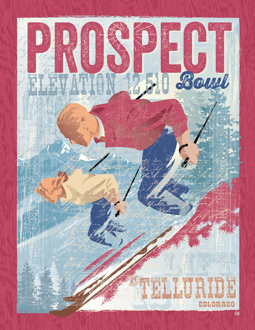 illustration of Modern/Vintage ski poster featuring the popular area in Telluride. Selling Limited Edition Poster Prints in several shops and galleries. Was featured on the cover of Telluride Style Magazine’s The Art of Telluride edition. Telluride. Skiing Poster.