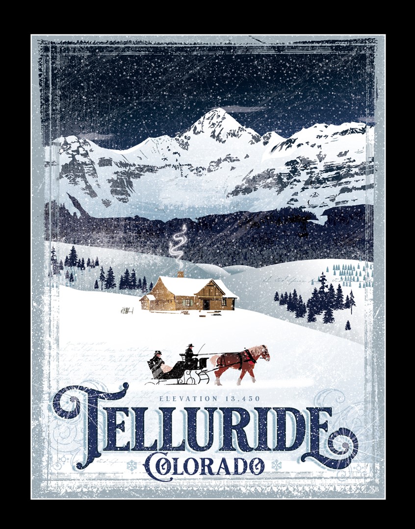illustration of One Horse Open Sleigh featuring the majestic San Juan Mountains. Winter Snowy Colorado Mountain scene of visitors enjoying a Winter tradition.