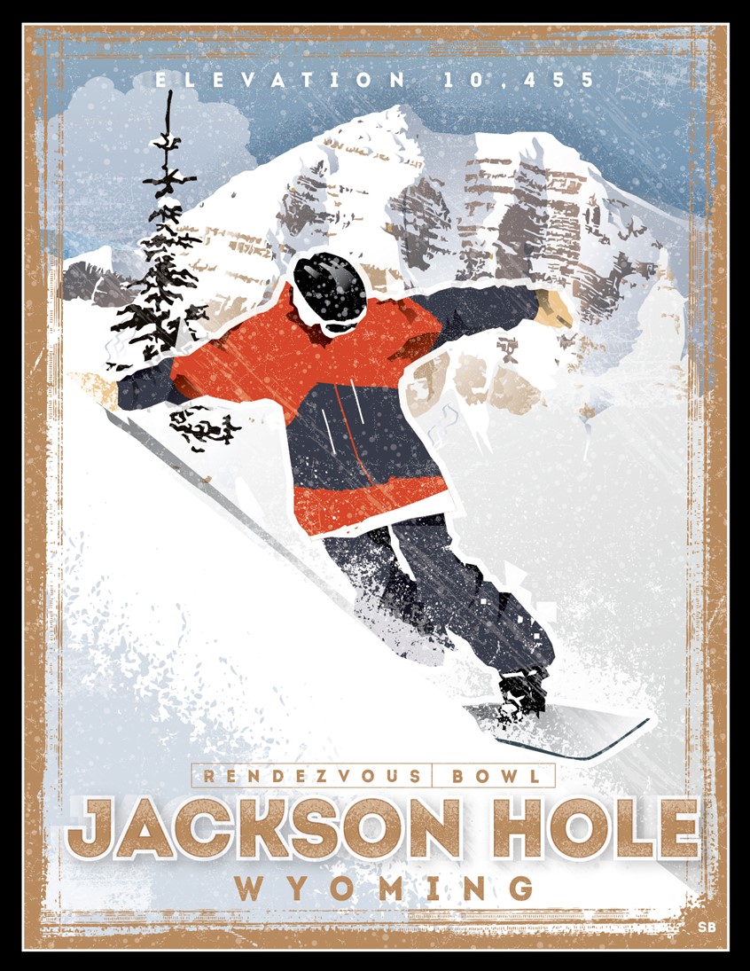 illustration of Jackson Hole snowboarding poster celebrating the infamous Rendezvous Bowl. Limited Edition Posters and cards sold in several galleries and shops in the region. Jackson Hole skiing. Mountains.