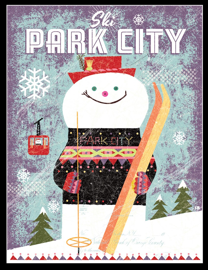 illustration of Park City Vintage Skier Snowman. Limited Edition Prints as Posters and Cards found in many shops and galleries in Park City. Vintage Snowman. Skier Snowman. Utah
