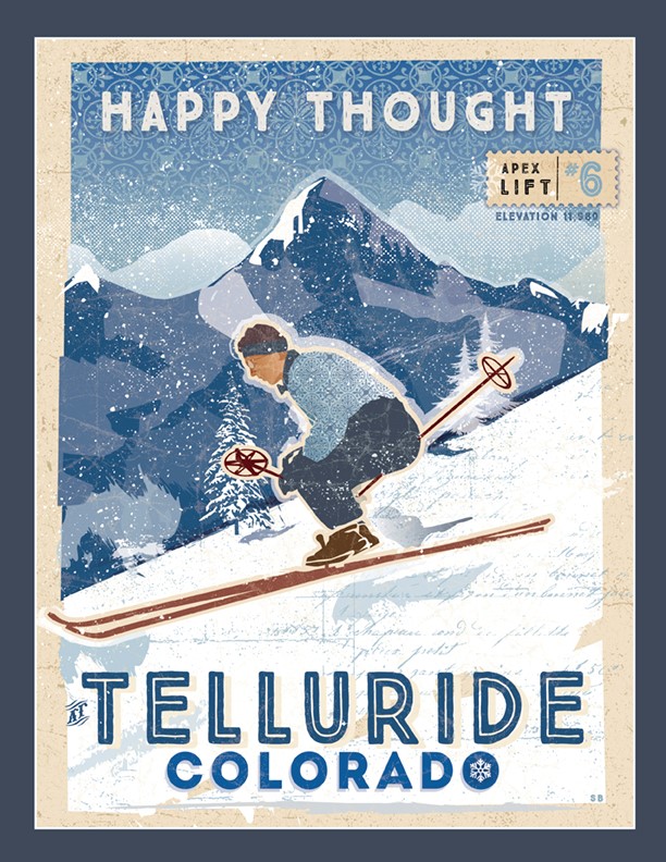 illustration of Modern/Vintage Ski Poster for Telluride Colorado.
Featuring the Iconic ski run Happy Thought. For Sale in many shops and galleries. Vintage Ski Poster. Ski Lift. Vintage Ski Jump.
