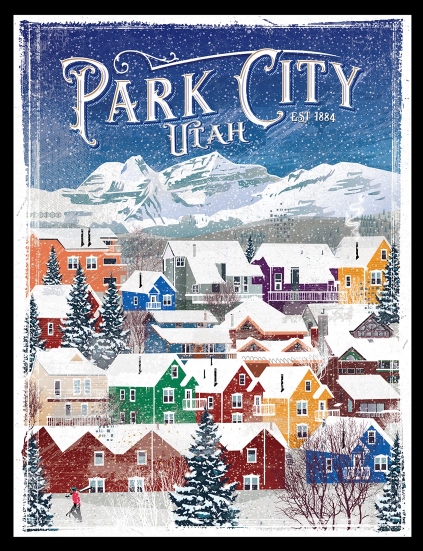 illustration of Old Town Winter in Park City Utah. Depicting the iconic hillside in Park City. Limited Edition Ski Poster sold in several shops and galleries. Old Time Houses on the Mountain. Vintage Homes. Park City Resort. Park City Ski Posters.