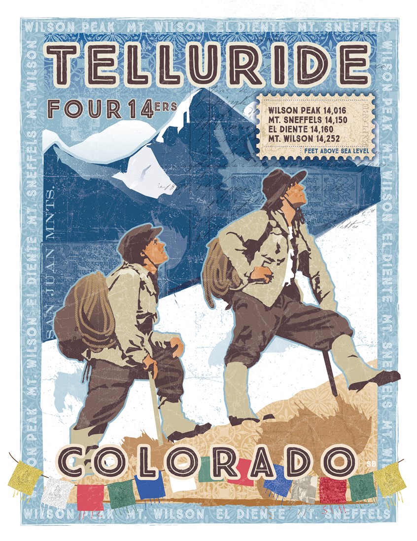 illustration of Modern/Vintage mountain climbing poster featuring the over fourteen thousand feet elevation peaks around Telluride Colorado. Originally developed for Mountain Film and sold in several shops and galleries in Telluride Colorado. Mountain Climbing. Wilson Peak. Mount Sneffels. Colorado.