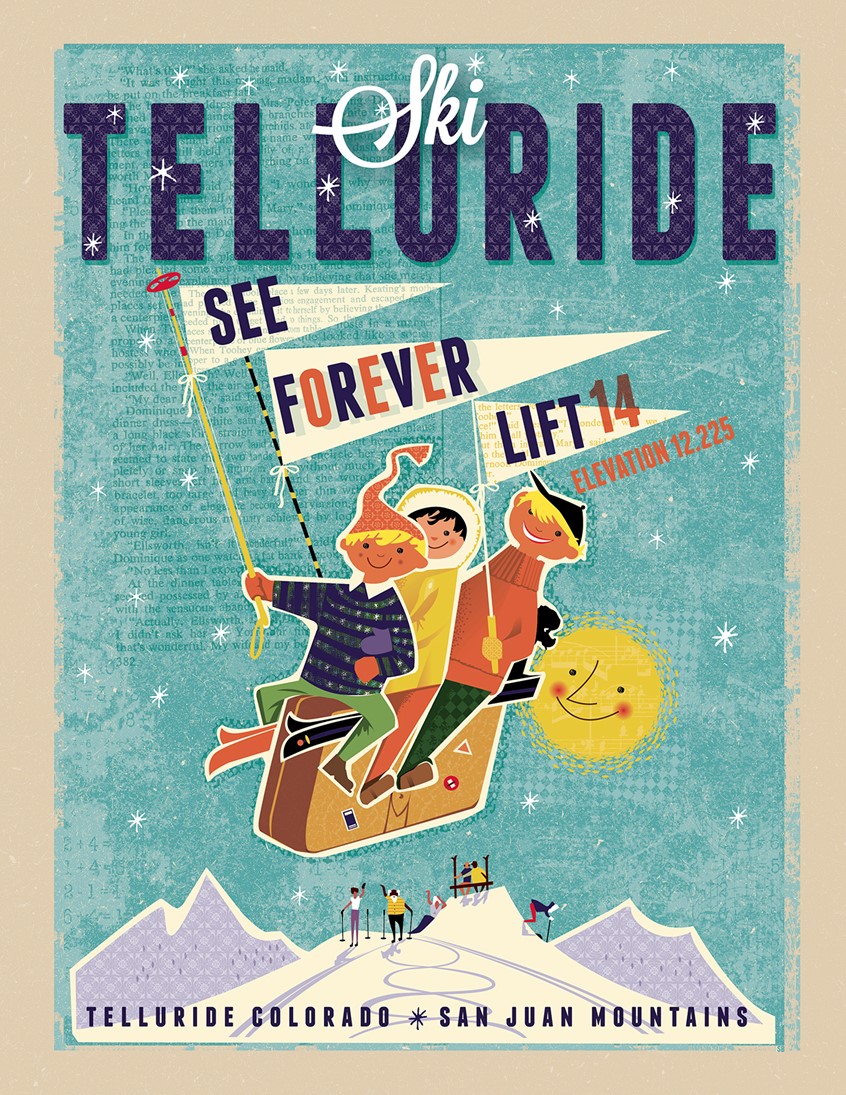illustration of Iconic Lift 14 in Telluride, The See Forever lift and run. On top of Telluride you can literally see forever, the La Salle Mountains in neighboring Utah are clearly visible from here. Ski Telluride vintage inspired ski poster is available in many shops and galleries in town and in Mountain Village. Retro Ski Posters.