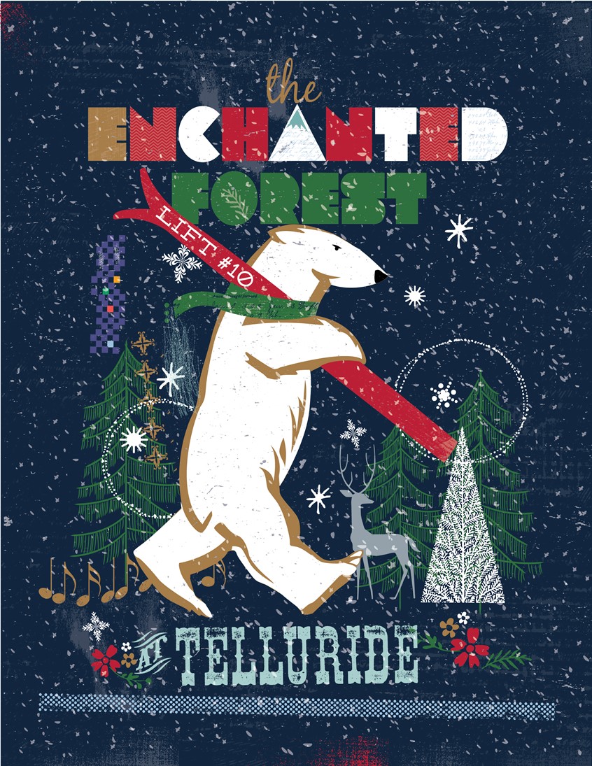 illustration of One of the most popular Ski Runs in Telluride! The Enchanted Forest ski run, kids can ski through the forest and open up their imagination. Hidden in the trees are my animal characters that I designed for the resort. Vintage/Modern archival poster prints are sold in many shops and galleries in Telluride. Enchanted Forest Magic.