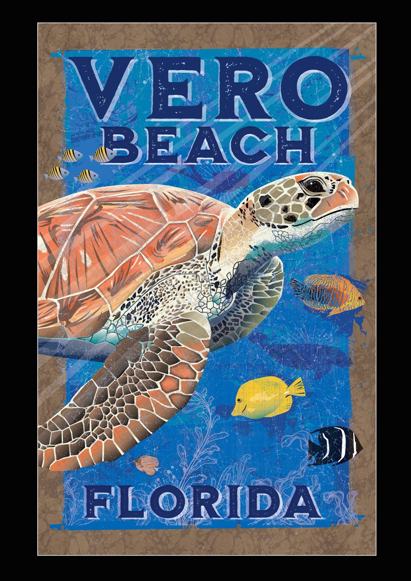 illustration of Vero Beach Leatherback Turtle Poster. A tribute to the largest Leatherback Turtle sanctuary in North America. Limited Edition Poster Prints sold in many shops and galleries in and around Vero Beach. Diving. Salt Water Fish. Florida. Turtles. Underwater. Deep Sea Diving. Salt Water Fish