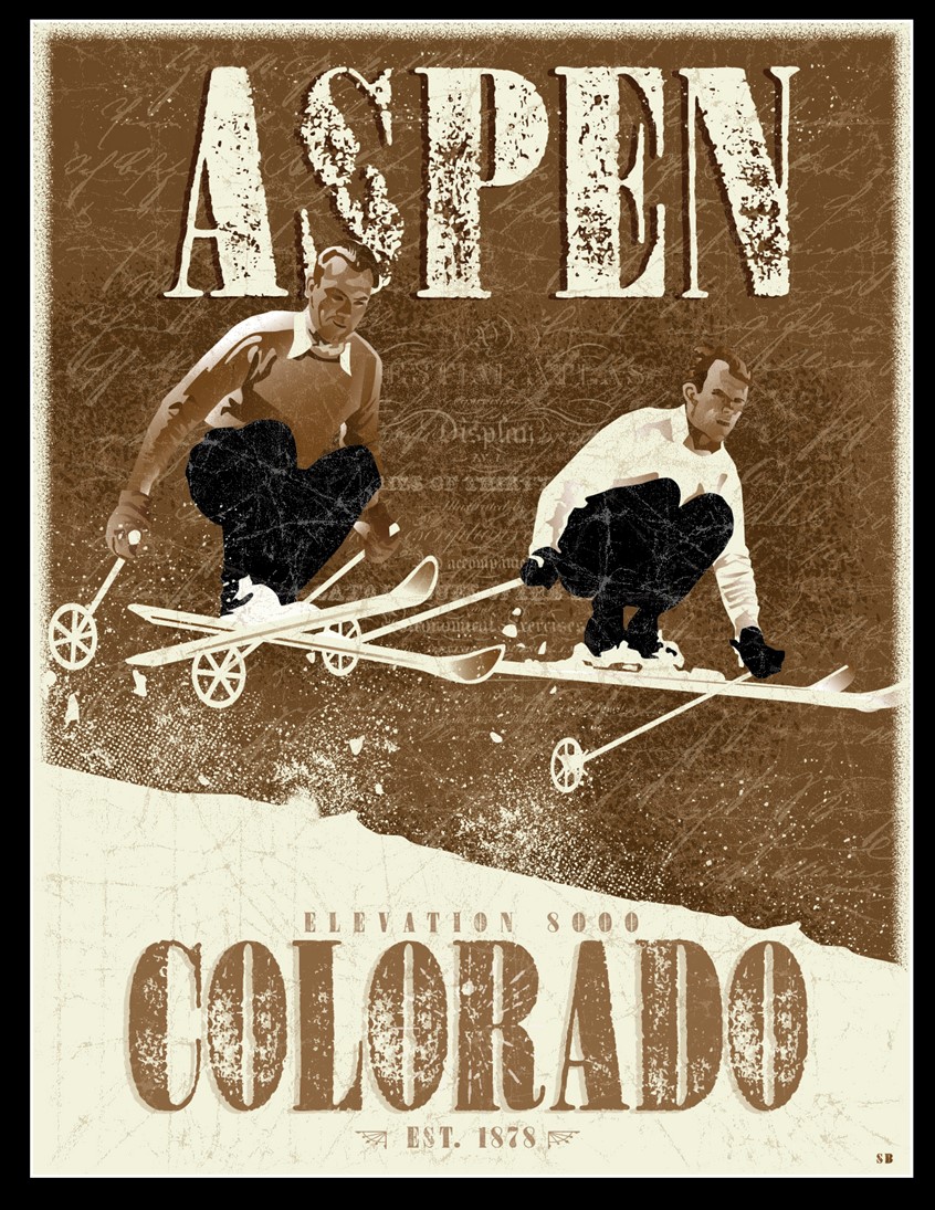 illustration of Modern/Vintage skiers in Aspen Colorado. A tribute to one of the first ski resorts in Colorado.
Vintage ski poster featuring period clothing and gear that documents where the sport began.
Aspen. Snowmass. Vintage Ski Posters. Ski Jumpers. Retro Ski