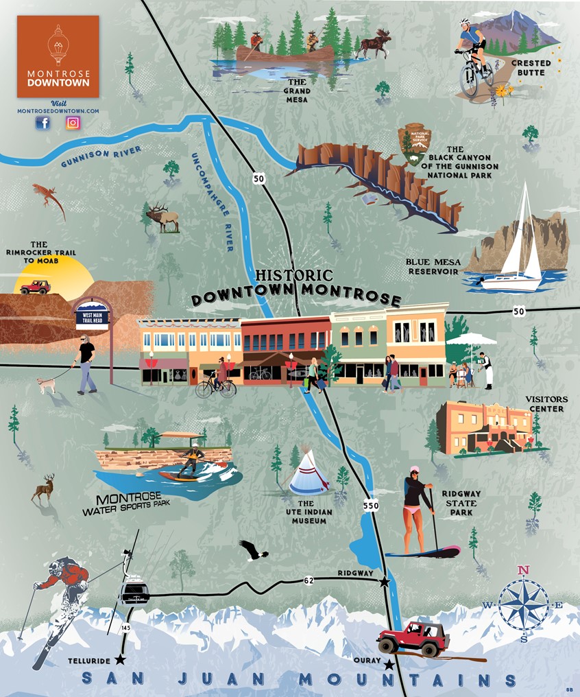 illustration of Kiosk Map for Downtown Montrose Colorado. Worked with the city on this permanent installation to give visitors an overall visual of attractions in and around the town. Western Colorado Map. Historic Downtown. Information Graphics