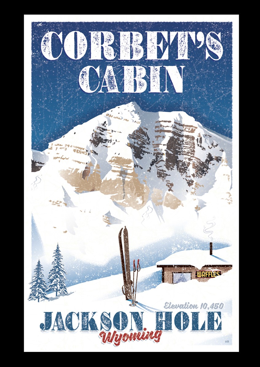 illustration of Corbet's Cabin in Jackson Hole Modern/Vintage Ski Poster featuring the iconic Cabin that serves waffles at the highest elevation in North America. Iconic Teton Mountains at the top of the Tram are breathtaking and inspiring! Limited Edition ski Posters that can be found in several shops and galleries in Jackson Hole. Retro Posters. Vintage Ski Posters. Mountain Vistas. Teton Mountains.