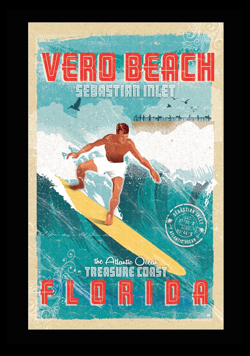 illustration of Sebastian Inlet Vero Beach Surf Poster. Featuring the Treasure Coast of Florida on the Atlantic Ocean. Modern/Vintage Surf Poster. Limited Edition Poster sold at many shops and galleries. Florida. Surf. Vintage Surf Poster. Vintage Surf.
