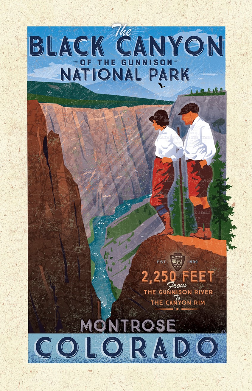 illustration of The Black Canyon of the Gunnison National Park Poster. Limited Edition Travel Poster sold in several shops, galleries and Gift Shops in the region. Colorado National Park Posters. Hikers on the South Rim. Black Canyon. Gunnison River.