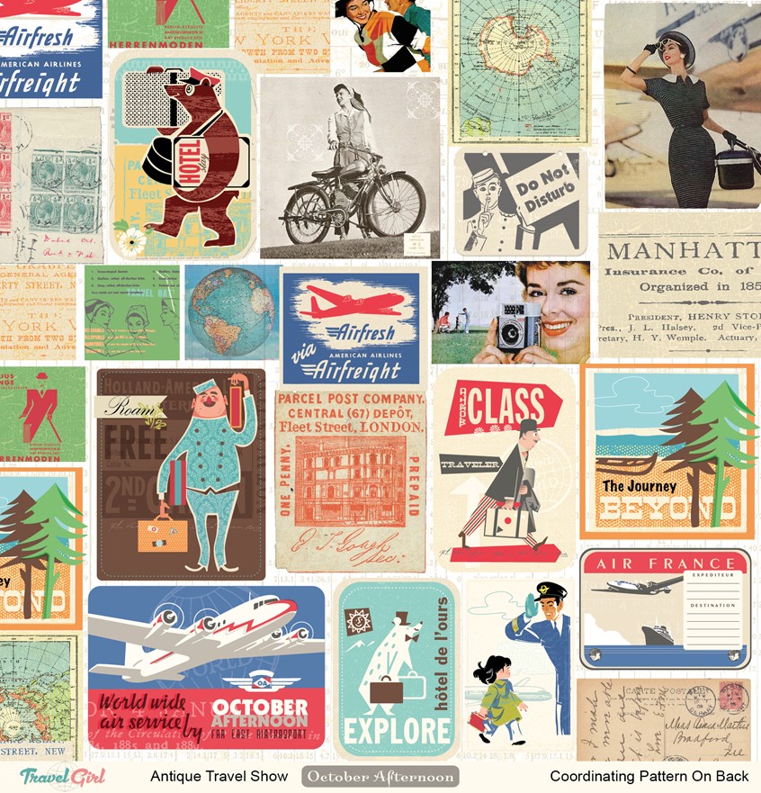 illustration of Travel Girl Character Grid Paper for Craft and Hobby Industry. October Afternoon hired me to create this Vintage inspired collage paper for their Travel Girl Collection. Vintage Collage.Travel Theme Craft Paper. Scrapbook Paper Design.