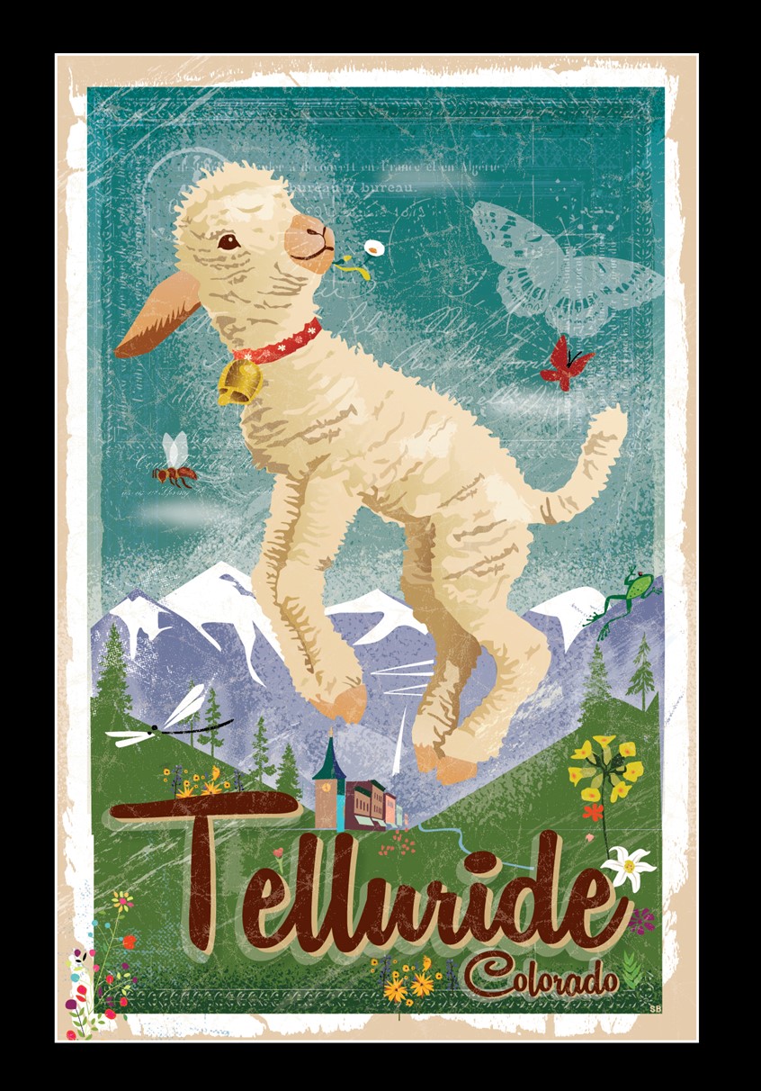illustration of Springtime in the box canyon of Telluride! Limited Edition Poster Print celebrating the changing of the seasons in this quaint mountain town. Growing up in the Midwest I never saw herds of sheep and am so inspired by this springtime surprise. Prints sold in several shops and galleries in and around Telluride, Colorado. Springtime. Sheep. Butterfly. Flowers.