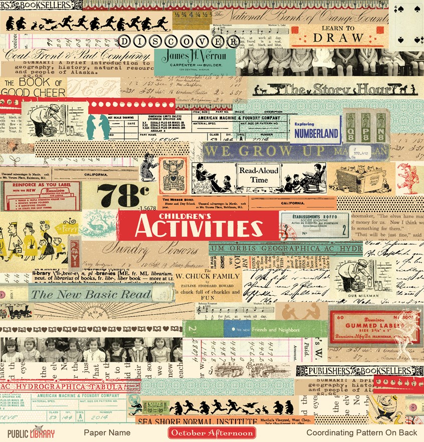 illustration of Library Stripe Paper Collage for October Afternoon Paper Co. Vintage Library Paper design for the Public Library paper line. Retro. Scrapbook Paper. Surface Design.