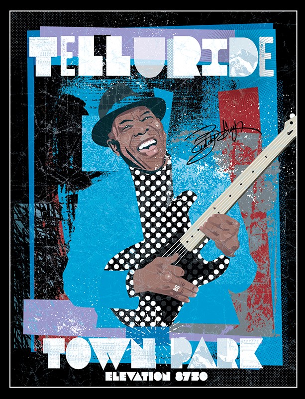 illustration of Blues and Brews Poster featuring Buddy Guy. Blues and Brews Festival held every year in Town Park in Telluride Colorado. Limited Edition Posters sold at the event and at several shops and galleries in Telluride. Blues Poster. Blues and Brews. Music Poster.