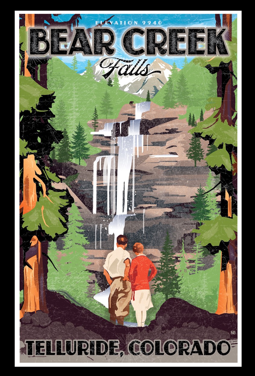 illustration of Limited Edition Modern/Vintage Poster celebrating Bear Creek Falls in Telluride! One of the most celebrated water falls in and around Telluride! Poster Prints available in several shops and galleries!