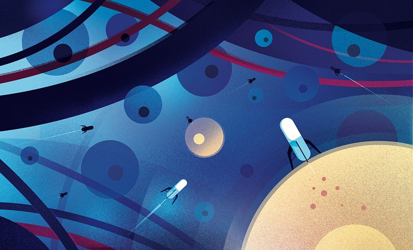 illustration of Tom Peake was thrilled to continue his collaboration with Dialogue and Bentley Magazine for their Forward Thinking feature. This time focusing on the future of medicine with robots, AI and smart technology captured in his graphic, conceptual style.