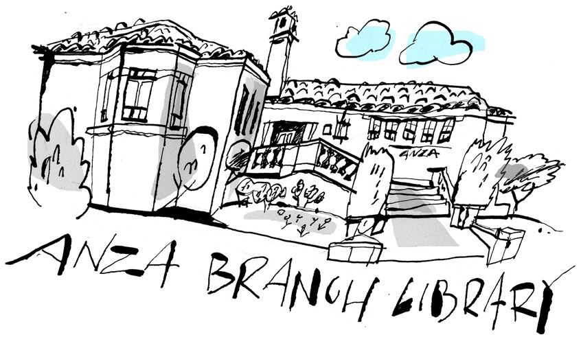 illustration of On-site pen and ink sketch of neighborhood public library and architectural landmark. Hand lettering. architecture, mixed media, trees, clouds, building, house, architectural design, beautiful buildings.
Reading is a joy here!