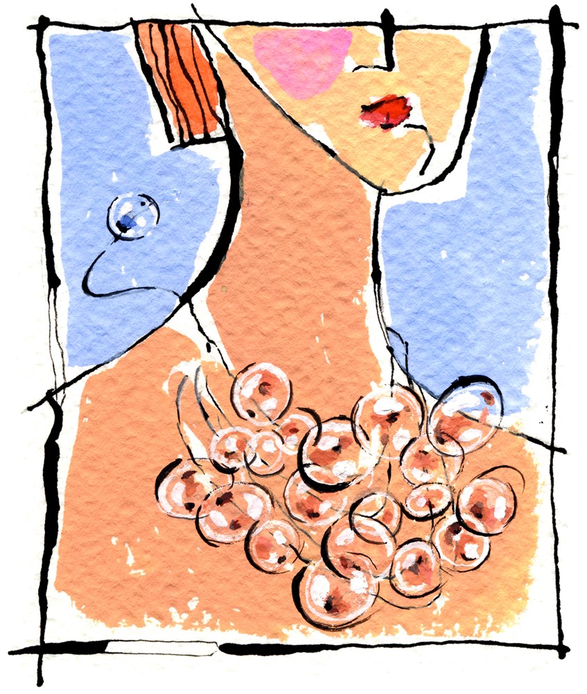 illustration of Women's hand-blown glass bead necklace from Murano, Italy. Jewelry, women, pearls, necklace, elegant, elegance, glamour, fashion model, woman style art, beauty, glamorous, fashion illustration