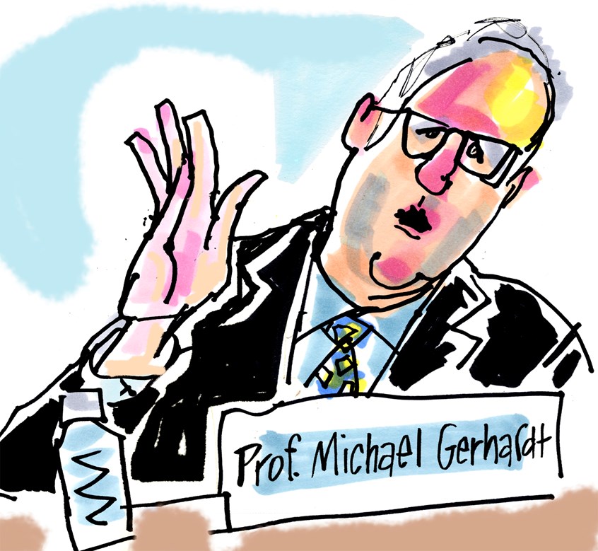 illustration of Michael Gerhardt testifies for the prosecution in Impeachment. A quick drawing in markers from series, SketchingFromMyTV. Politics, political portrait, markers, marker art, sketch artist