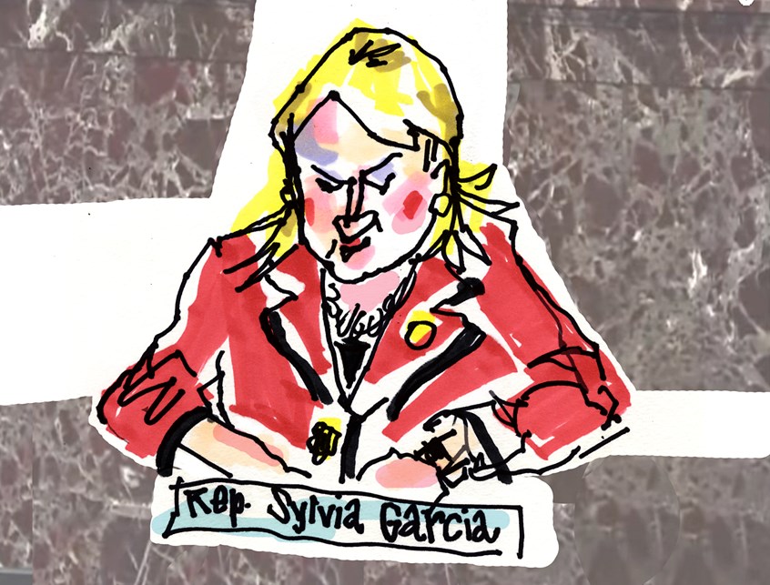 illustration of Quick sketch while watching Trump Impeachment Hearings. From the series, SketchingFromMyTV. Black marker drawing with red, yellow and blue marker, digital and hand lettering added in the studio.
